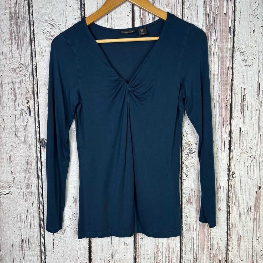 Tahari Size Small Deep Teal Blue Long Sleeve Top Twist Front V-Neck Shirt in EUC